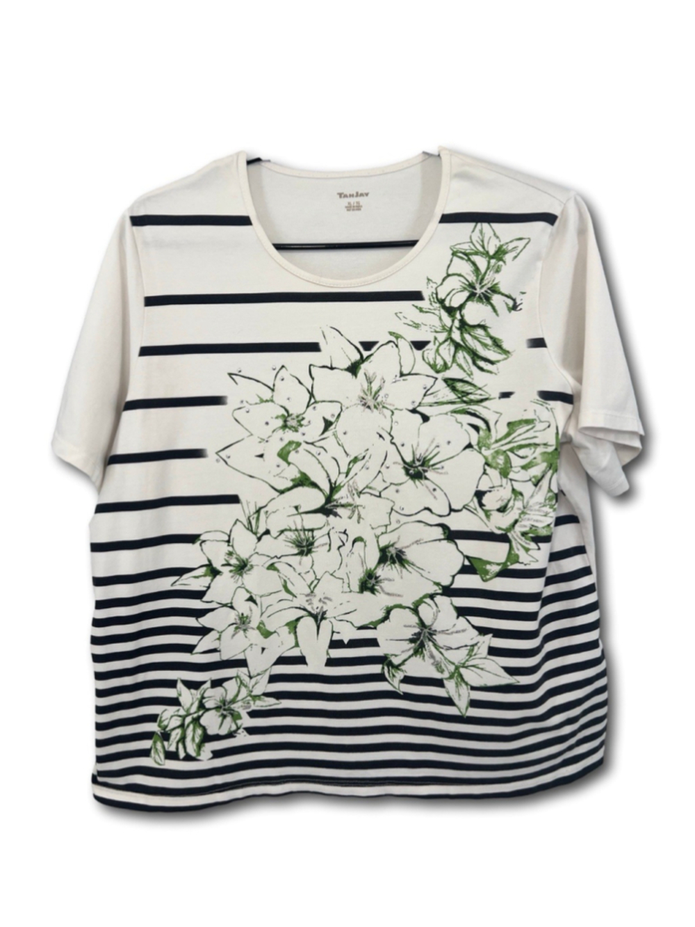 TanJay Short Sleeve Blouse Stripes Asymmetric Floral Women’s Size XL
